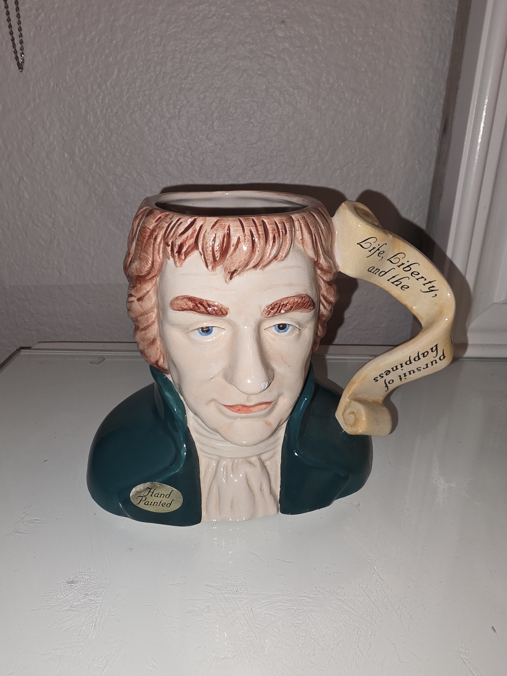 Thomas Jefferson Hand-Painted Ceramic Character Mug — Teal Coat, Peach Hair